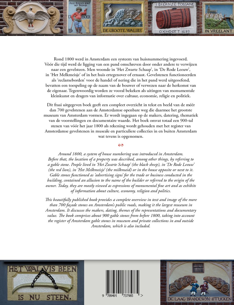 Boek met afbeeldingen van gevelstenen in Amsterdam, met tekst in het Nederlands en Engels.