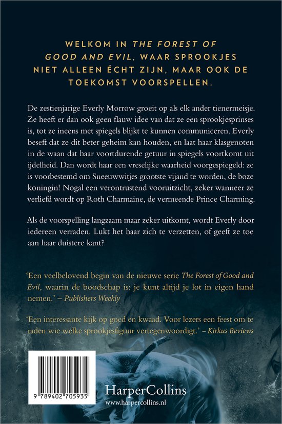 Achterkant van een boek met tekst over 'The Forest of Good and Evil'. Bevat een streepjescode en HarperCollins logo.