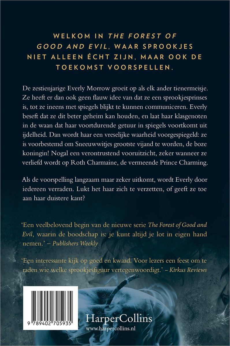 Achterkant van een boek met tekst over 'The Forest of Good and Evil'. Bevat een streepjescode en HarperCollins logo.
