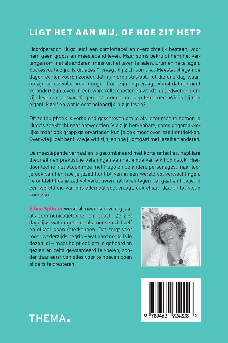 Ligt het aan mij, of hoe zit het? Boekpagina met tekst en een foto van Eiline Splinter met bril.
