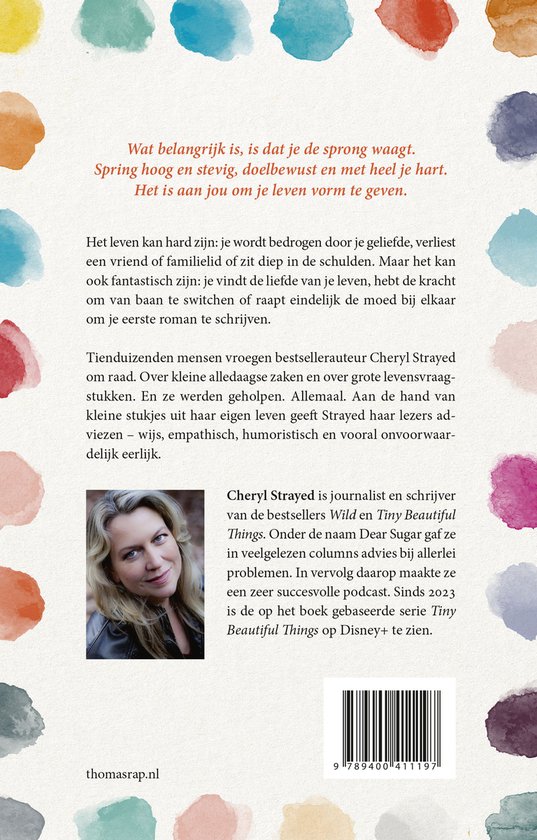 Achterkant boek met portret van Cheryl Strayed en tekst over haar boeken en podcast.