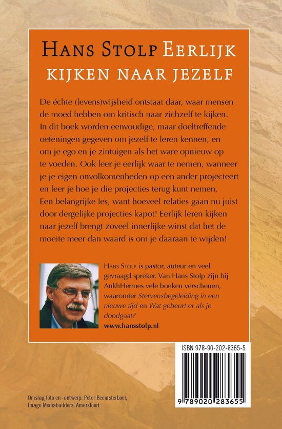 Achterkant van een boek met de titel 'Hans Stolp Eerlijk Kijken Naar Jezelf' en een portret van de auteur.