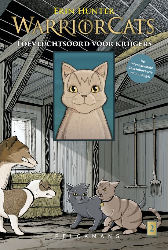Couverture du livre Warrior Cats : Le Retour de Griffe Grise. Un chien, un renard et trois chats se tiennent dans une grange.