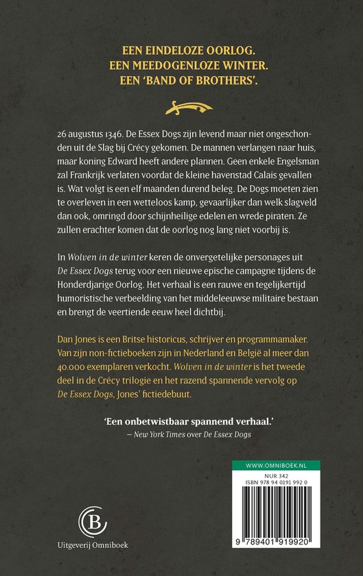 Achterkant van het boek 'Wolven in de winter' met tekst en barcode.