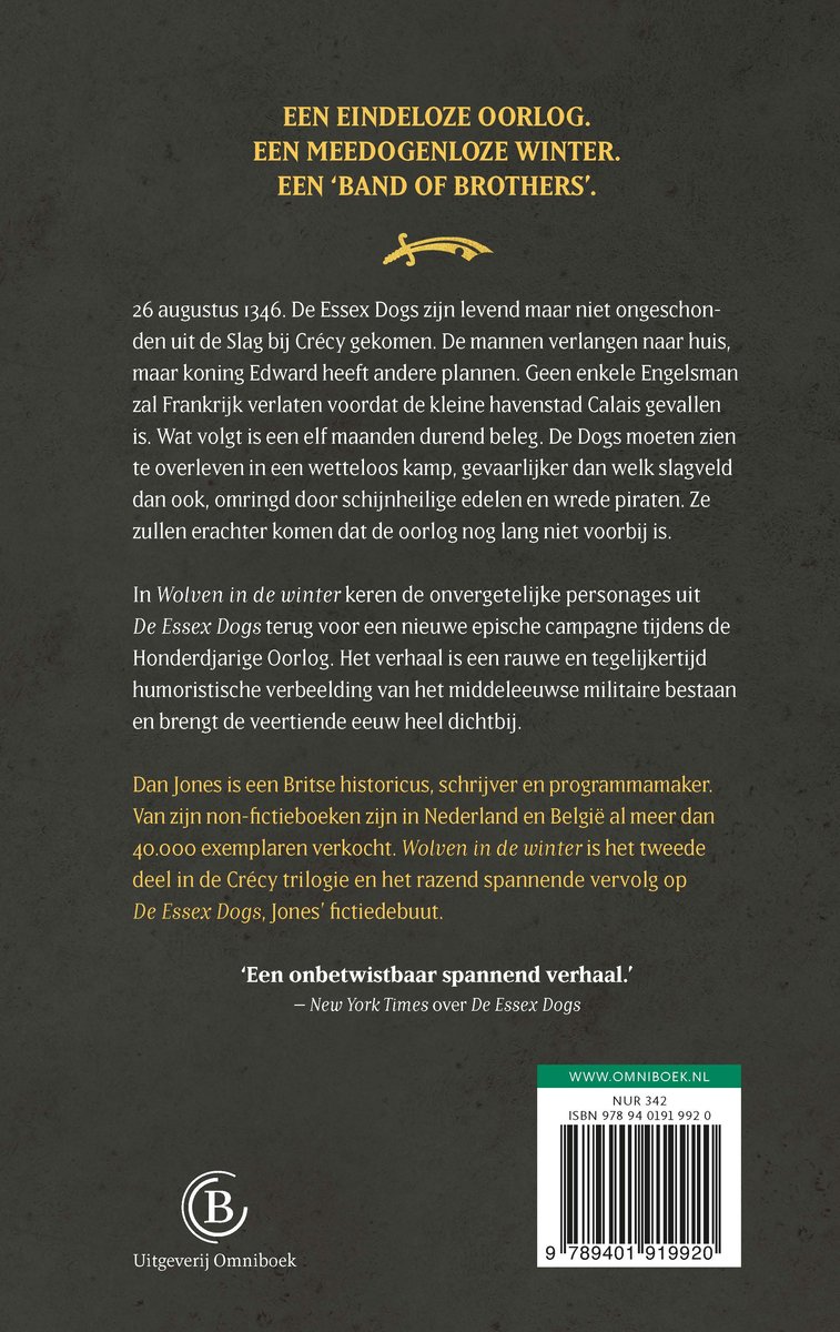 Achterkant van het boek 'Wolven in de winter' met tekst en barcode.