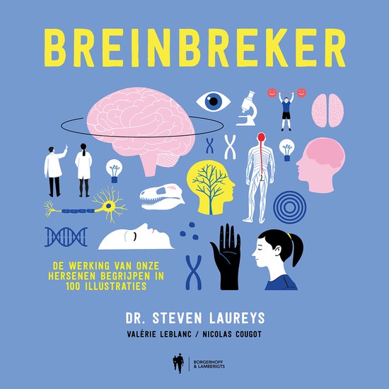 Boekomslag met de titel BREINBREKER in gele letters. Iconen van een brein, oog, microscoop en menselijke figuren.