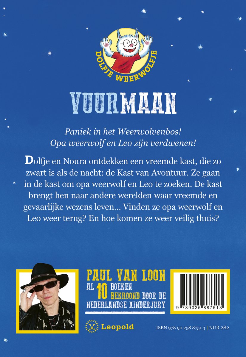 Boekcover achterkant: Een man met zonnebril en een zwart jack, met een gele barcode en tekst.