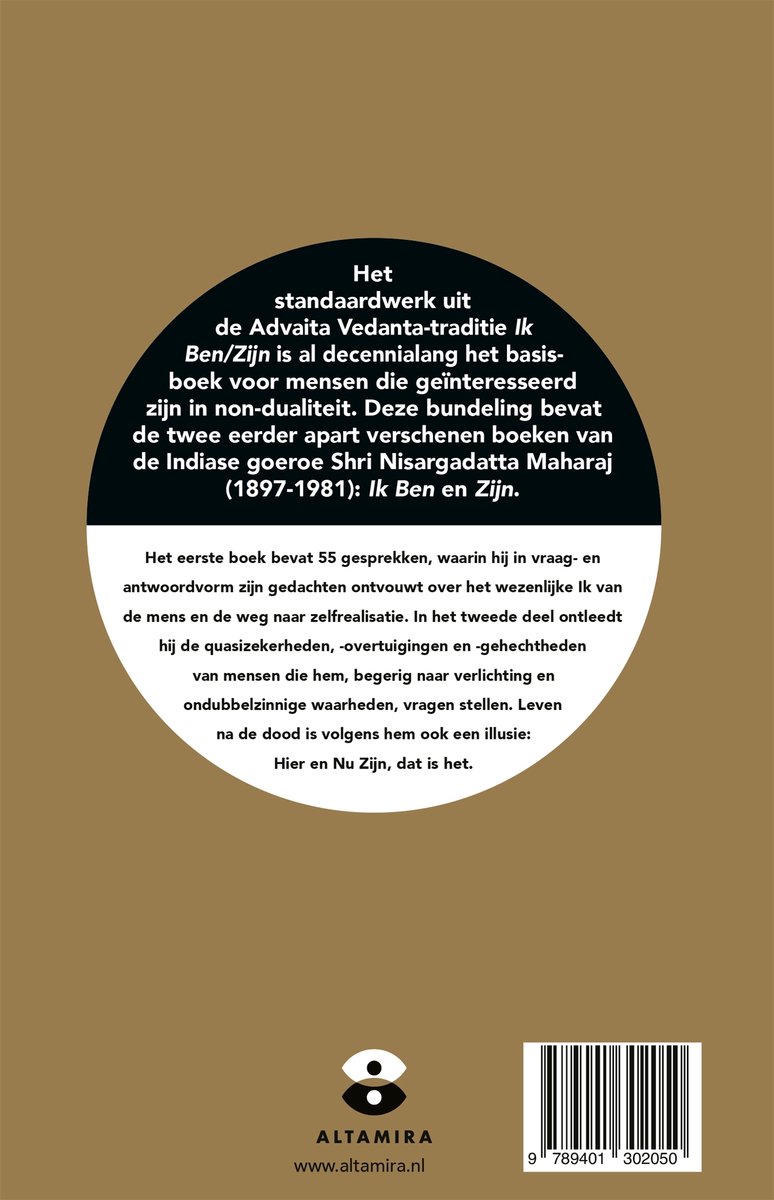 Boek met de titel "Het standaardwerk uit de Advaita Vedanta-traditie Ik Ben/Zijn". De cover toont een circulaire tekst in het Nederlands, met een barcode.