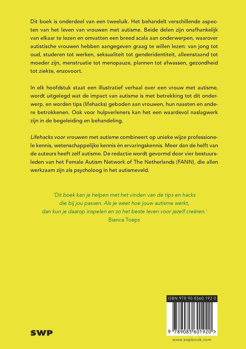 Achterkant boek 'Lifehacks voor vrouwen met autisme', met tekst over het boek, ISBN, en een streepjescode.