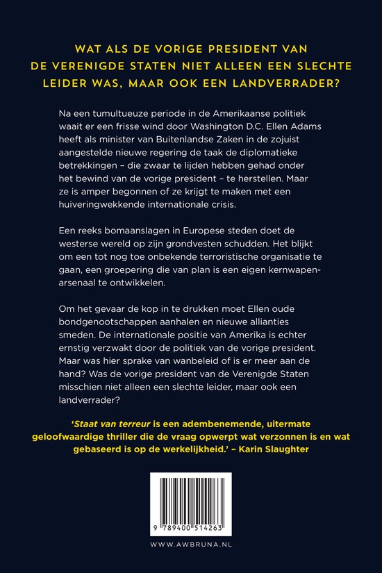 Achterkant boek met de titel 'Staat van terreur', een synopsis en een quote van Karin Slaughter.