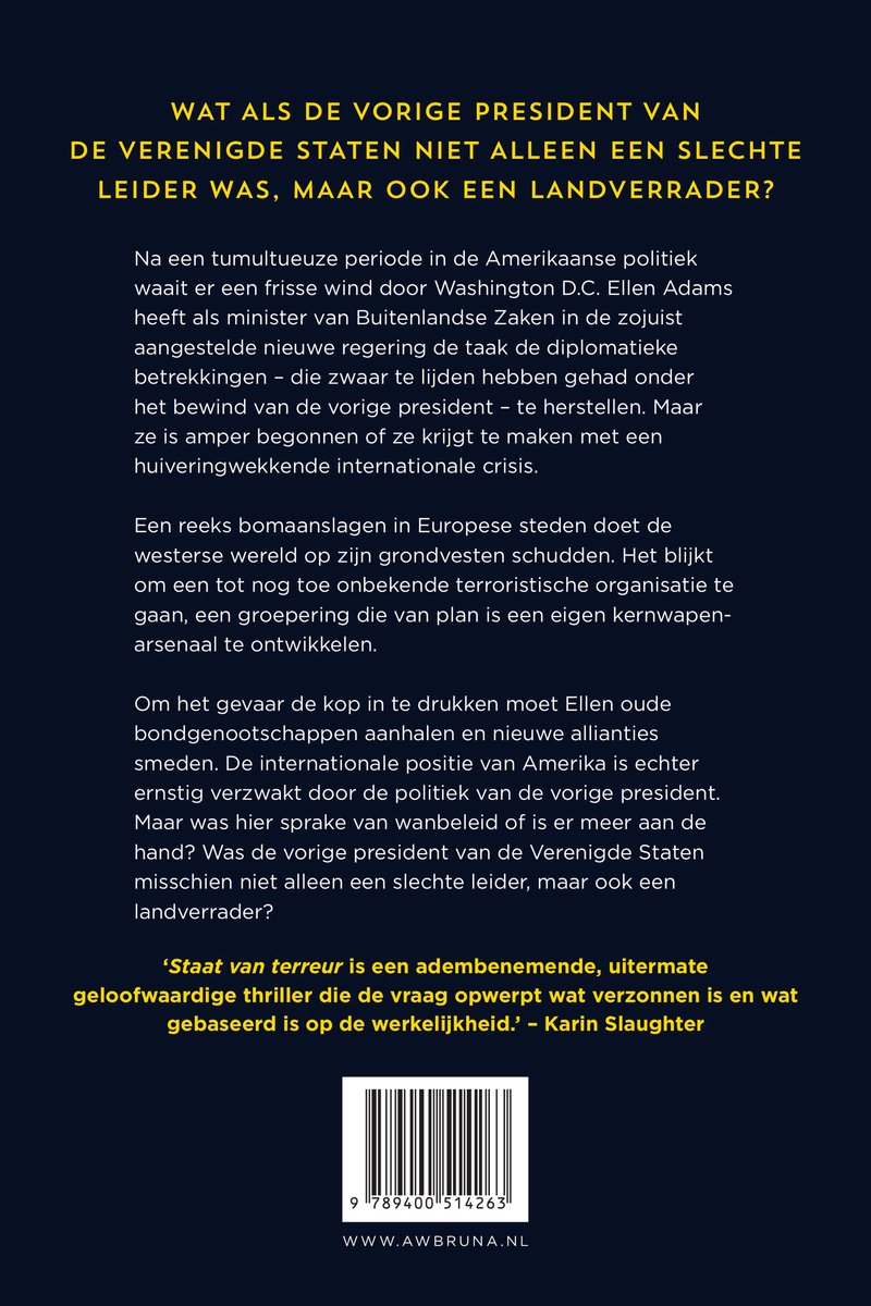 Achterkant boek met de titel 'Staat van terreur', een synopsis en een quote van Karin Slaughter.