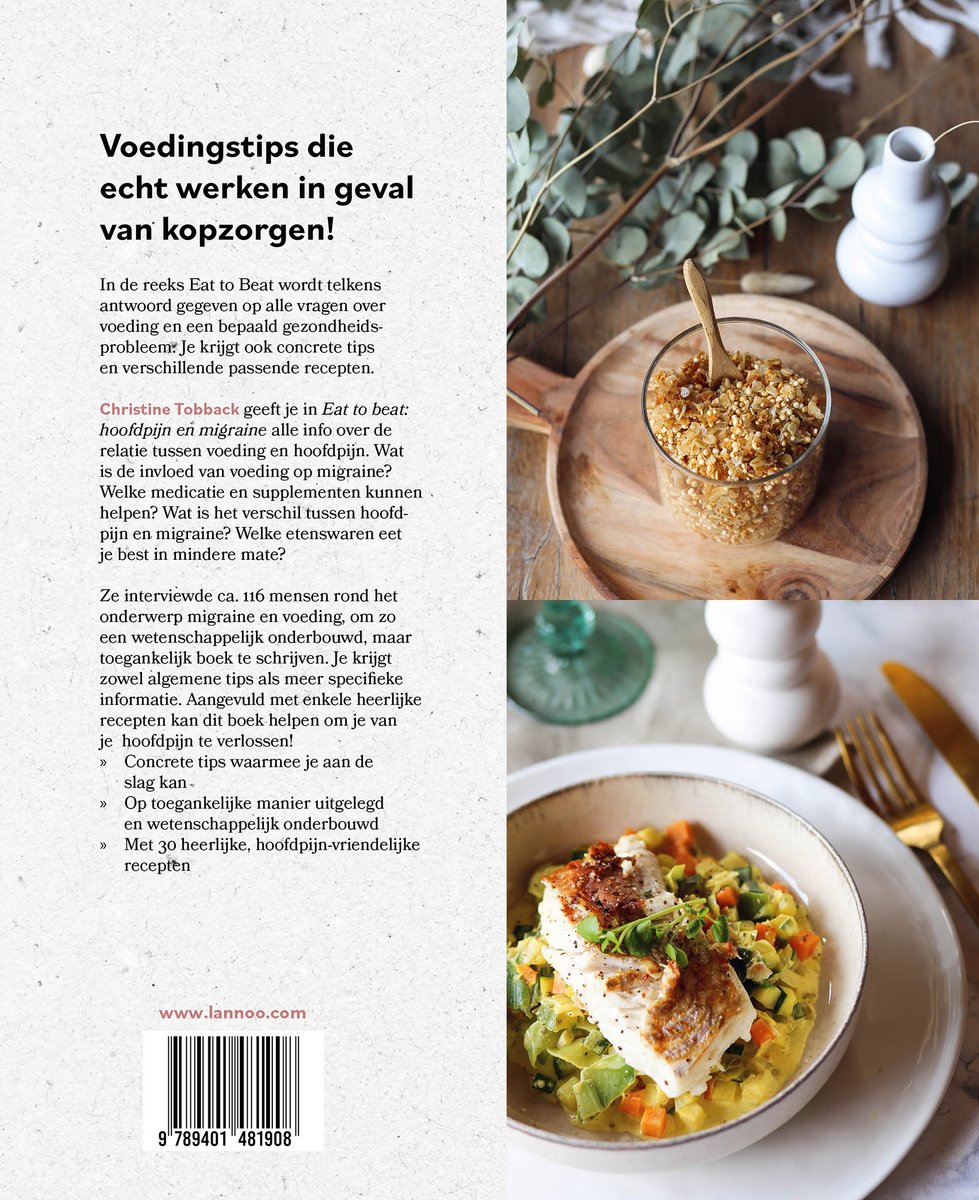 Boekomslag met 'Voedingstips die echt werken in geval van kopzorgen!' en foto's van gerechten met vis en quinoa.ISBN.