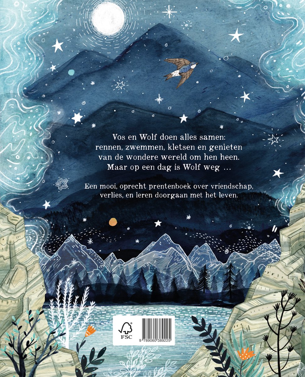 Illustratie van bergen bij maanlicht, met een vos en een vogel in de lucht. Tekst 'Wachten op Wolf'.