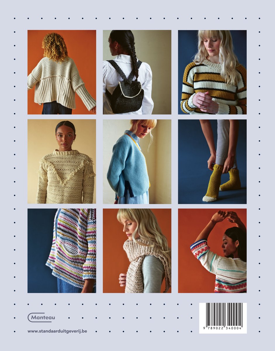Collage van negen foto's van gehaakte kleding en accessoires.