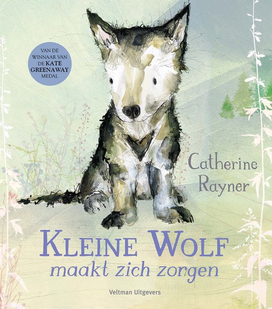Een kleine wolf zit midden in een illustratie met planten en bomen. Tittel 'Kleine Wolf maakt zich zorgen'.
