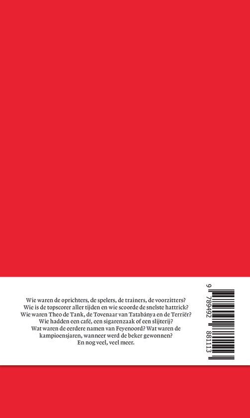 Achterkant boek "F is van Feyenoord" met tekst en ISBN-streepjescode.