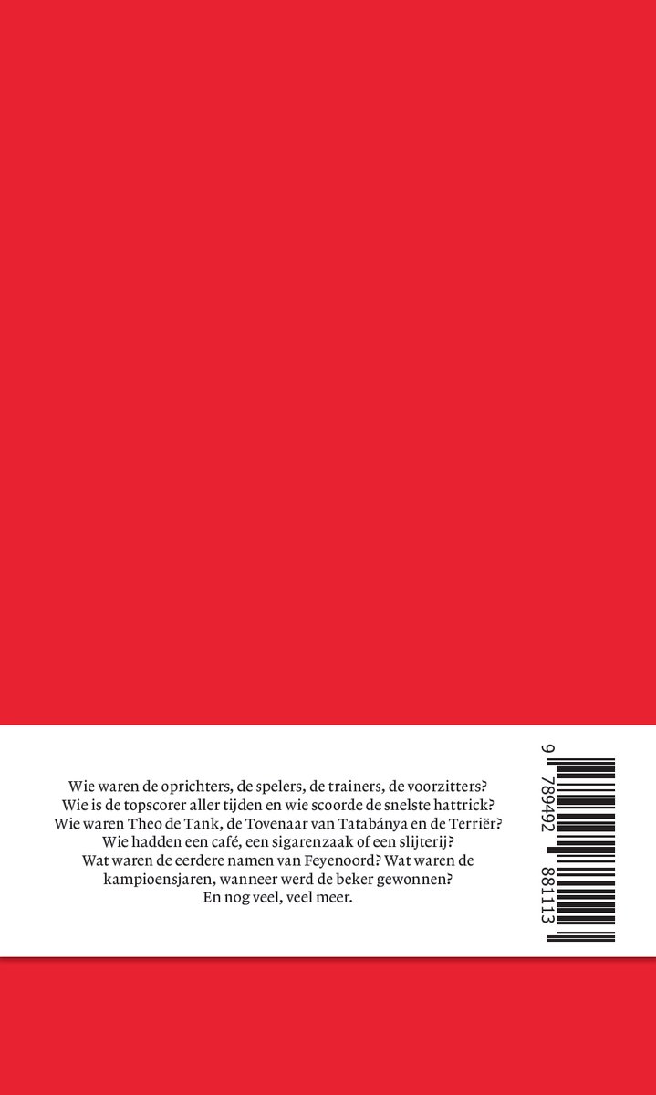 Achterkant boek "F is van Feyenoord" met tekst en ISBN-streepjescode.
