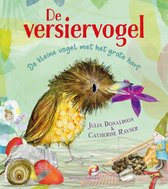 De versier Vogel, het kleine vogel met het grote hart, vasthoudend een paarse bloem.