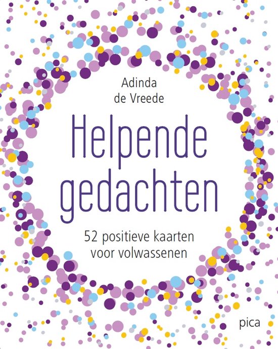 Boekomslag met de titel 'Helpende gedachten', 52 positieve kaarten voor volwassenen, en confetti-decoratie.