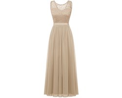 Lange Mouwloze Damesjurk met Kant en Chiffon - Bloemenkant Bovenstuk - Maxi Jurk met Satijnen Strik - Formele Avondjurk voor Bruiloft, Feest of Gala - Vloerlengte - Elegant & Comfortabel - Champagne