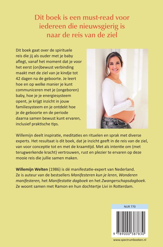 Boekcover met een zwangere vrouw en tekst "Dit boek is een must-read voor iedereen die nieuwsgierig is naar de reis van de ziel".