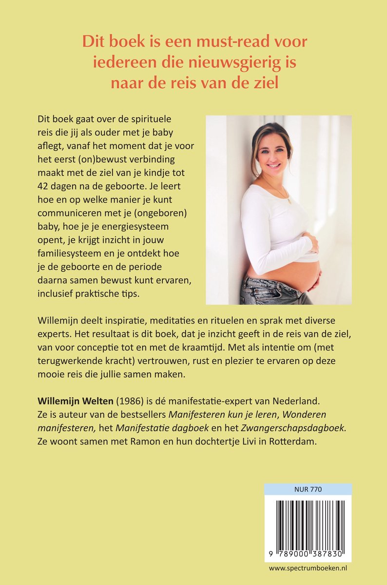 Boekcover met een zwangere vrouw en tekst "Dit boek is een must-read voor iedereen die nieuwsgierig is naar de reis van de ziel".