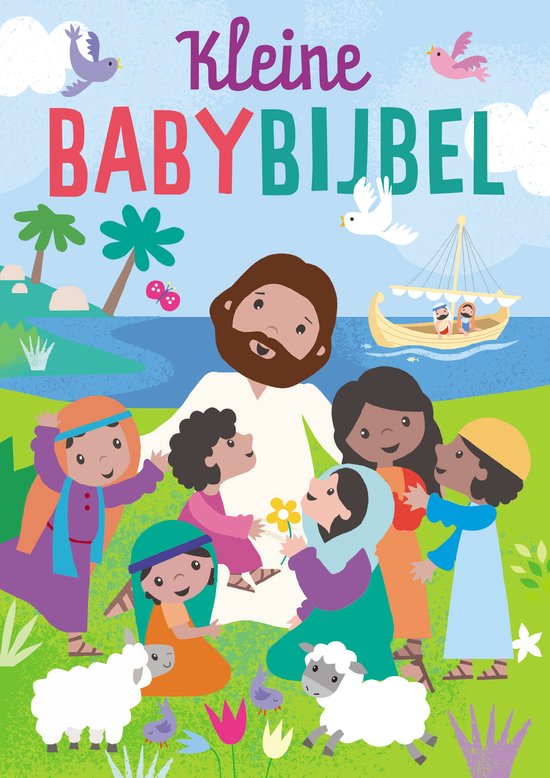 De 'Kleine Babybijbel' met een illustratie van Jezus omringd door kinderen, schapen en een boot op zee.