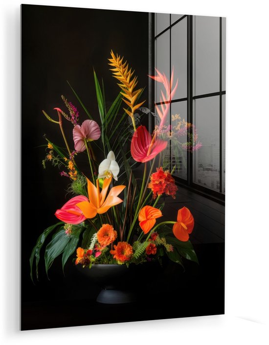 MuchoWow® Glasschilderij 120x160 cm - Schilderij acrylglas - Schaal - Boeket - Bloemen - Foto op glas - Muurdecoratie woonkamer - Wanddecoratie slaapkamer - Schilderijen