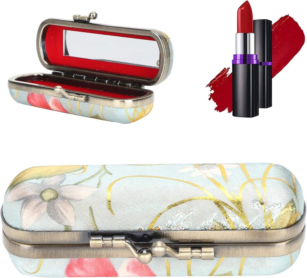 Draagbare Lippenstift Case met Vintage Borduurwerk en Make-up Spiegel - Perfect voor Handtas Dames