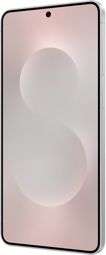 Rechts zijaanzicht van de Samsung Galaxy S25 Edge, 512GB, Titanium Zilver, met een abstracte achtergrond op het scherm.