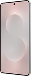 Rechts zijaanzicht van de Samsung Galaxy S25 Edge, 512GB, Titanium Zilver, met een abstracte achtergrond op het scherm.