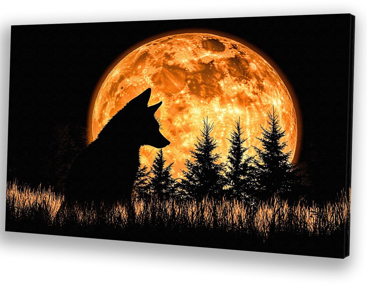 Silhouet wolf bij volle maan - Wolf canvaskunst - Schilderijen dier - Silhouet - Wanddecor
