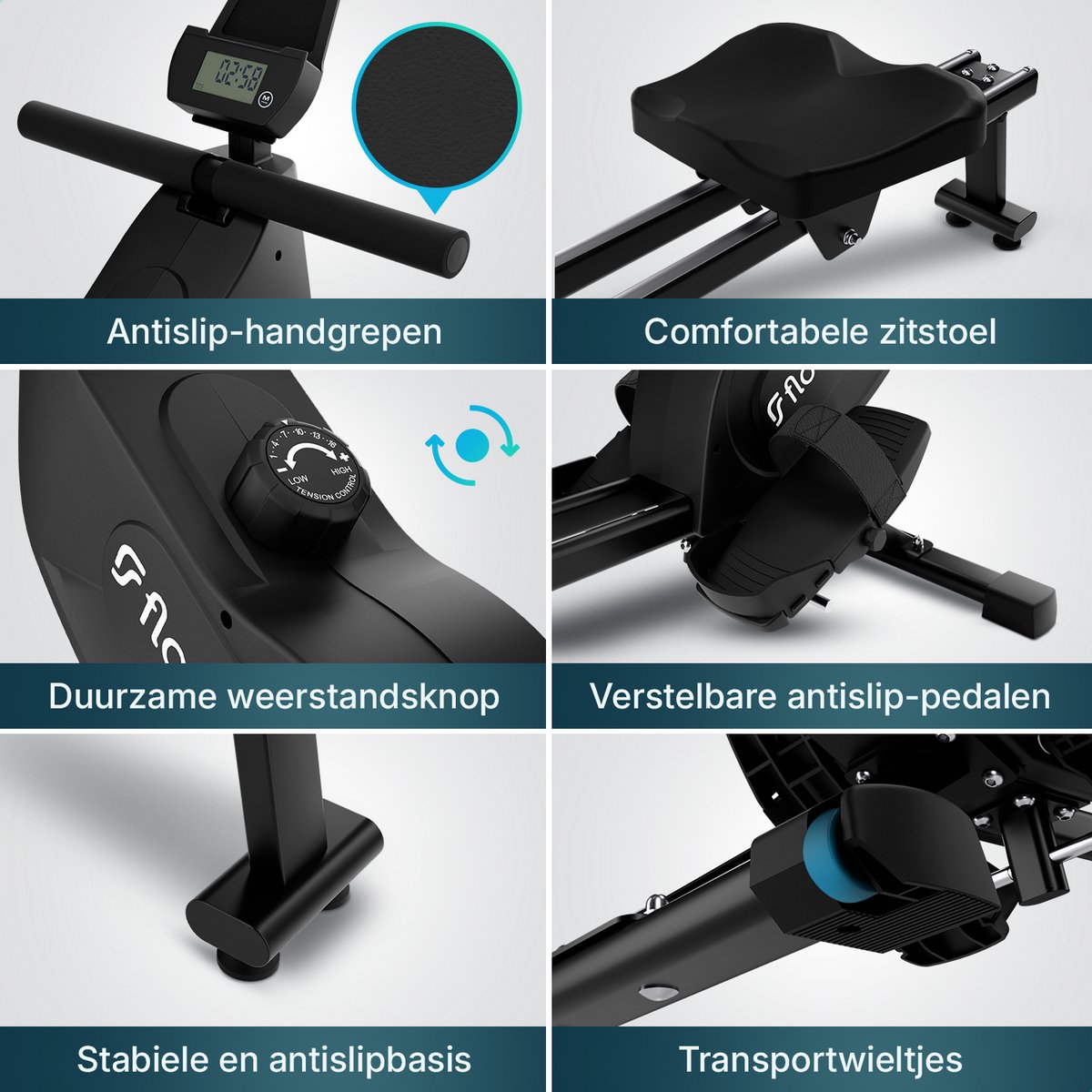 Afbeelding 3 van Flowsense Roeiapparaat - Roeimachine - Geluidsstil - Magnetische Roeitrainer Fitness - Rowing Machine 16 Weerstandniveaus - LCD Monitor