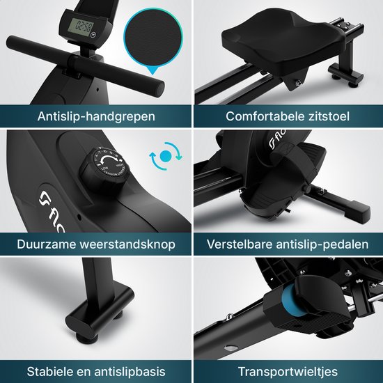 Gedetailleerde afbeeldingen van een zwarte roeitrainer: antislipt handvatten, zitje, weerstandsknop, pedalen, basis, transportwieltjes.