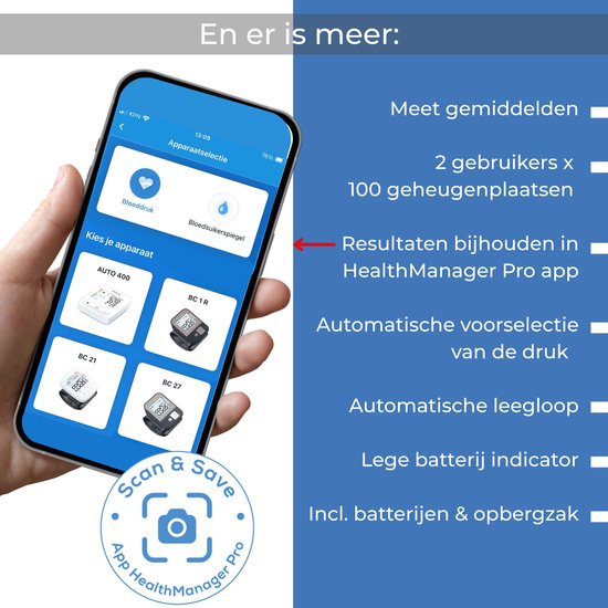 Hand met smartphone waarop app met bloeddrukapparaten wordt getoond. Tekst: 'Kies je apparaat', 'Meet gemiddelden', '2 gebruikers x 100 geheugenplaatsen'.