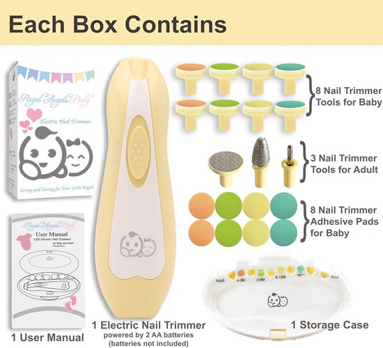 aby Elektrische nagelvijl 20 In 1, Nagelverzorging, Nail Clippers,Veilige Elektrische Baby Nail Trimmer, Baby Nail File Kit, Extra Vervanging Hoofden, Pasgeboren Peuter Tenen en Vingernagels, Trim en Polish (Geel) van aby — afbeelding 5