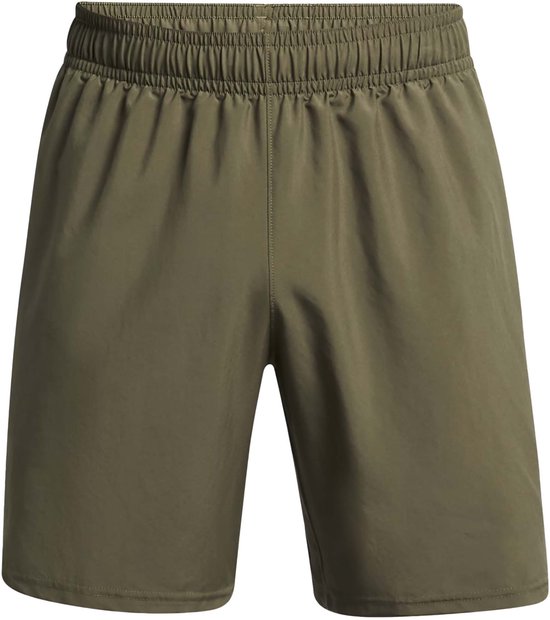 Olijfgroene sportbroek met elastische tailleband, op de voorkant.