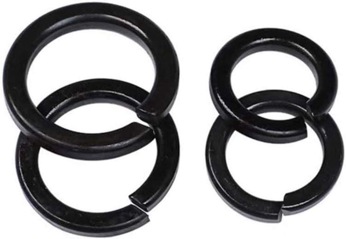 Set van 100 zwarte veer platte ringen - M3/M4/M5/M6/M8/M10 Carbon staal verzinkt wasmachine metalen pakkingen bevestigingsmiddelen