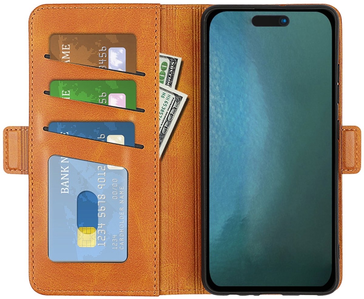 PU Lederen Wallet Hoesje met Sluiting geschikt voor iPhone 14 Pro Max - lichtbruin