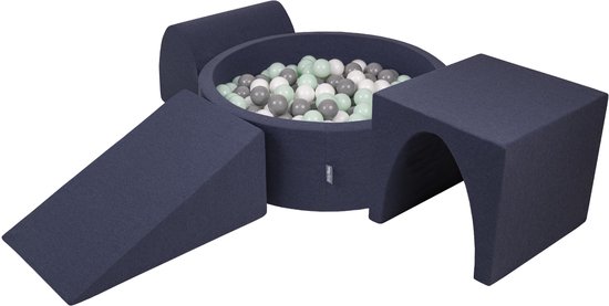 KiddyMoon Aire de jeux en mousse avec piscine à balles rondes (200 balles) piscine à balles pour bébé parcours d'obstacles, fabriquée en UE, bleu foncé: blanc/gris/menthe