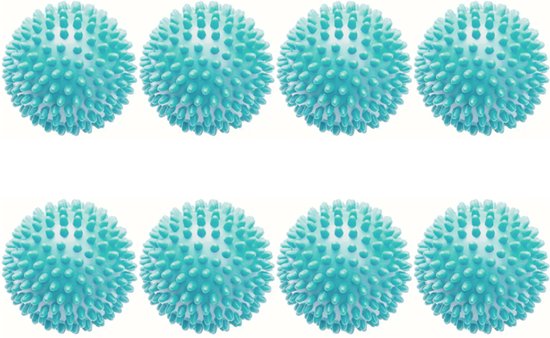 Huit boules de massage turquoise à picots, sur fond blanc.
