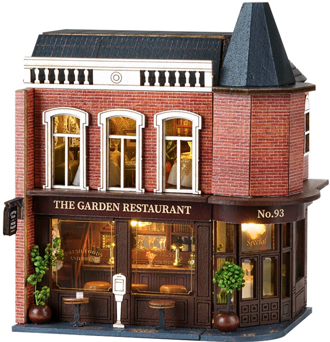 CUTE ROOM - Miniatuur Poppenhuis Bouwpakket - Doe-Het-Zelf Houten Poppenhuisset - Handwerk voor volwassenen, Creatieve Bouwpakket - Superklein Mini World - D-016 Corner Restaurant