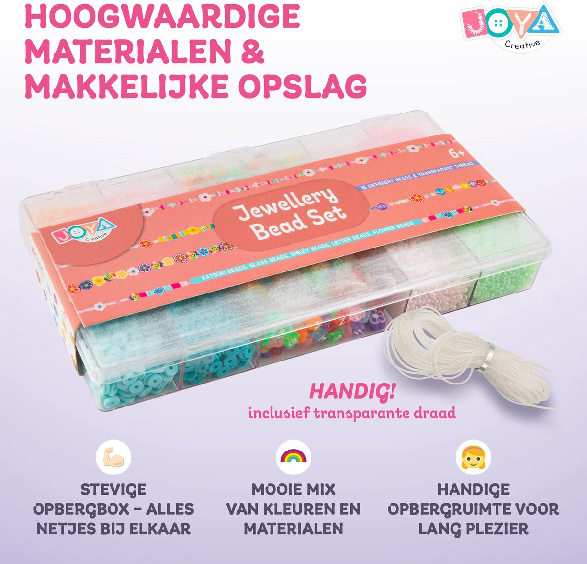 Sieraden Maken Set – Kralen Set voor Kinderen en Volwassenen – 15 Verschillende Kralen & Transparant Rijgdraad – Katsuki Kralen, Glas Kralen, Smiley Kralen, Letter Kralen, Bloemen Kralen – Armbandjes Maken voor Meisjes - Joya Creative — afbeelding 7
