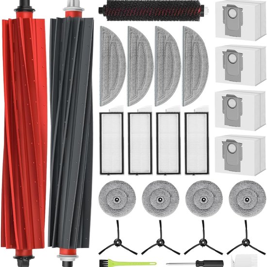 Uitgebreide set accessoires voor de stofzuiger, inclusief hoofdborstels, filters, dweilen, zijborstels en stofzakken.
