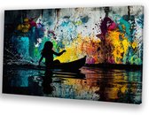 Silhouet met kleurrijke achtergrond - Silhouet wanddecoratie - Wandkunst boot - Street Art - Klassiek schilderijen - Kunstwerk - canvas 120x80 cm