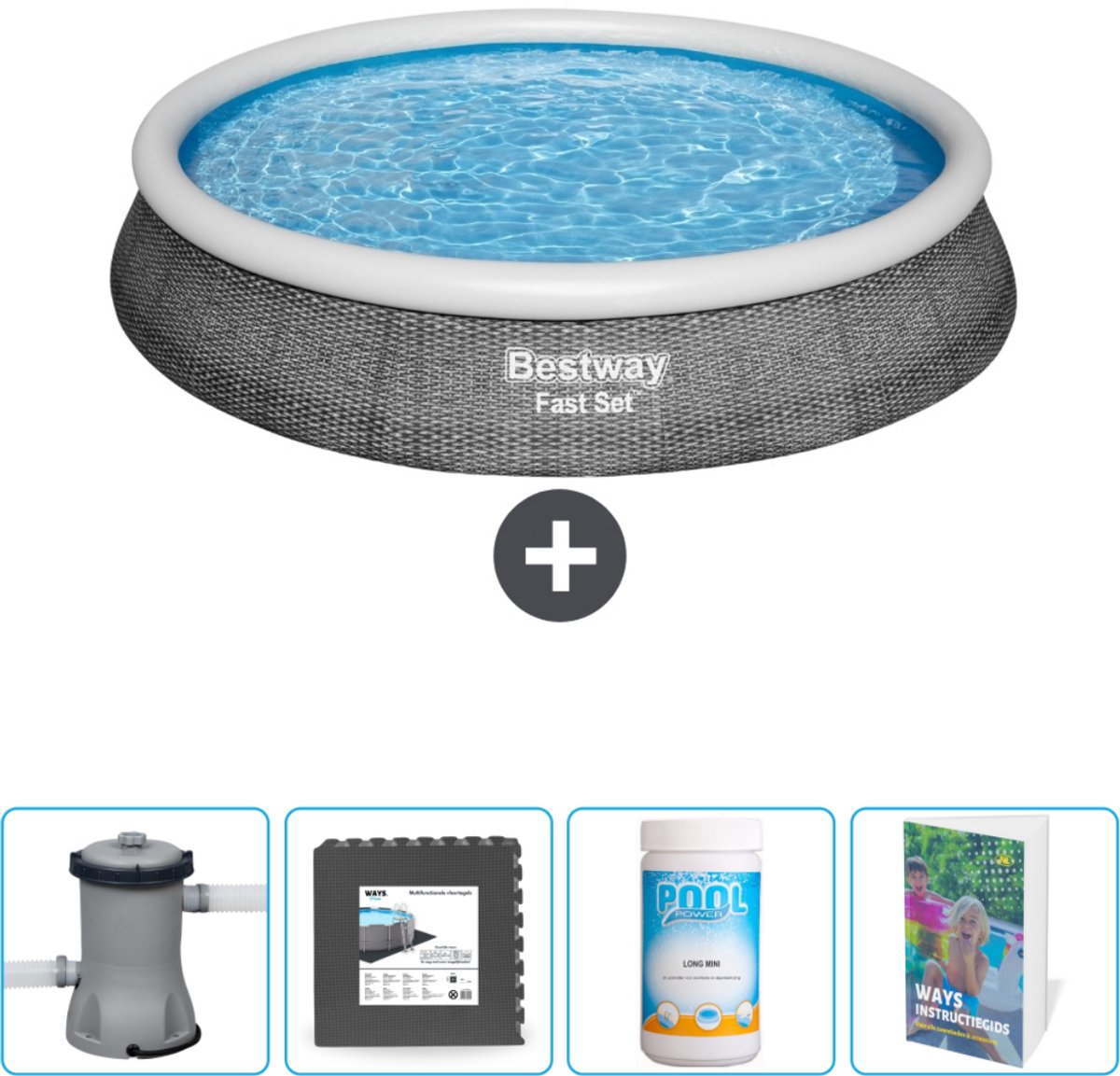 Bestway Rond Opblaasbaar Fast Set Zwembad - Rotanprint - 396 x 84 cm - Inclusief Pomp Vloertegels - Chloor - Zwembadgids
