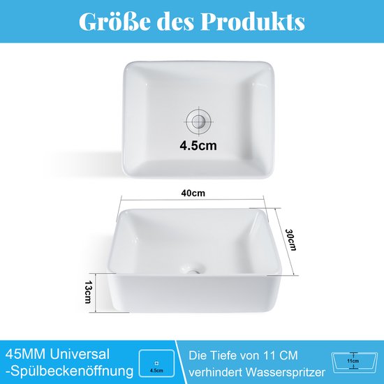 Lavabo NETTLIFE - Céramique Wit - 40 × 30 × 13 cm - rectangulaire - Montage mural - Lavabo suspendu - Lavabo de salle de bain - pour WC invités