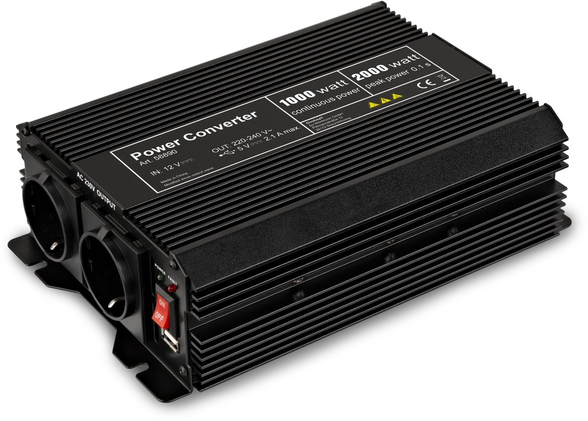 12V naar 230V Gemodificeerde Sinus Spanningsomvormer - 1000W - Premium - Zwart