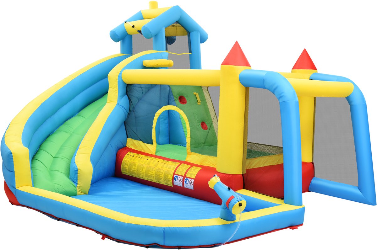 Kinderspringkasteel, 5-in-1 opblaasbaar springkasteel voor kinderen van 3-10 jaar, buitenspringkasteel met glijbaan, springgedeelte, waterbad, voetbalnet, opblaasbaar formaat: 364*315*239cm