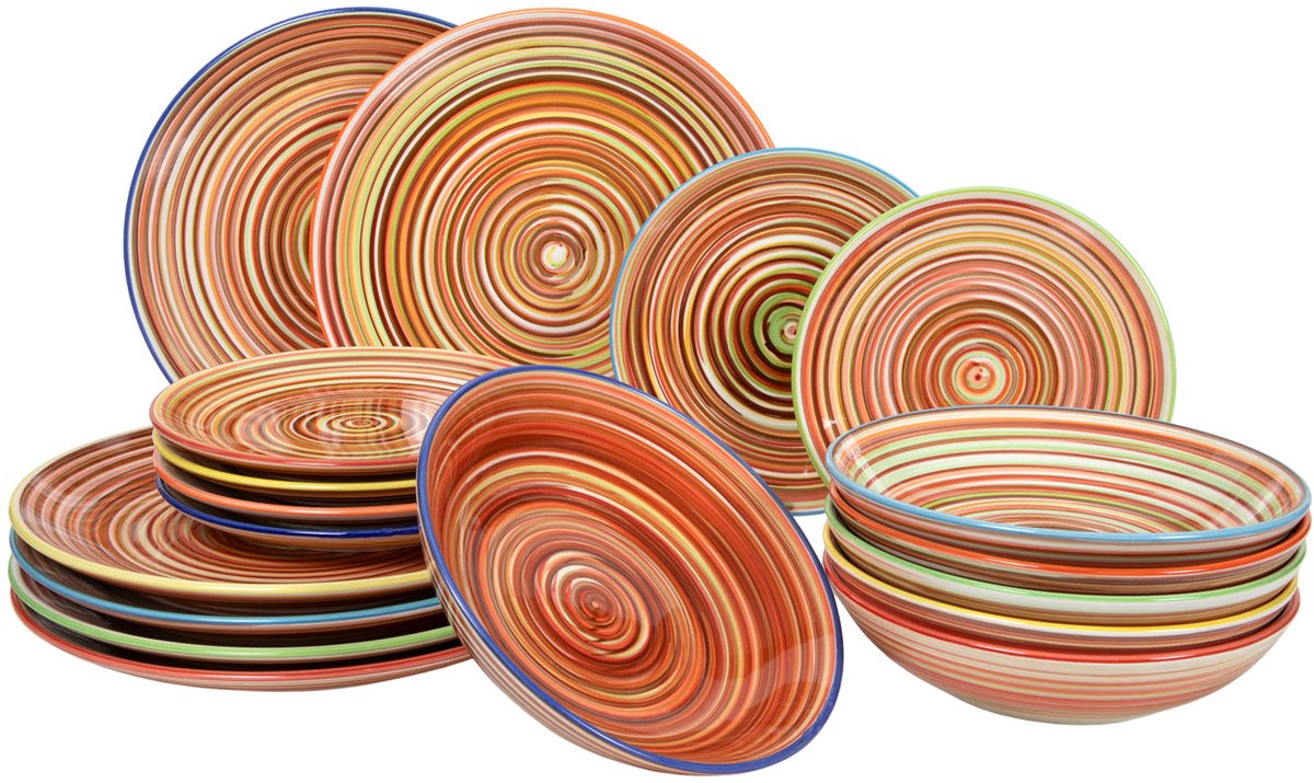 Cookinglife Serviesset Rhythm & Lines 18-delig – 6 Personen – Bevat 6 Dinerborden, 6 Ontbijtborden & 6 Kommen – Aardewerk met Modern Lijndesign – Vaatwasser- en Magnetronbestendig – Eigentijds en Stapelbaar